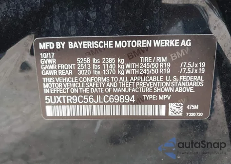 2018 BMW X3 xDrive30I из США, поврежденный, VIN 5UXTR9C56JLC69894